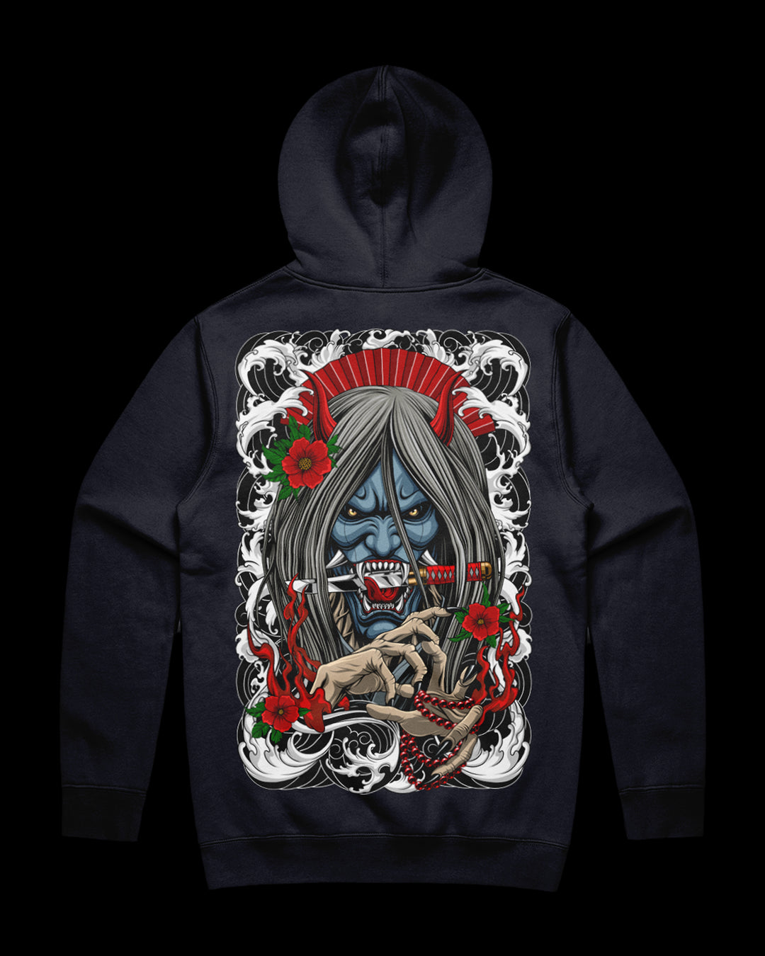 Navy hoodie with a detailed hannya graphic design on the back