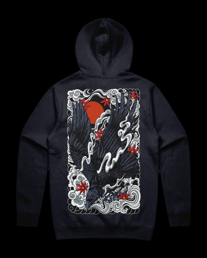 Navy hoodie with a detailed irezumi raven graphic design print on the back.