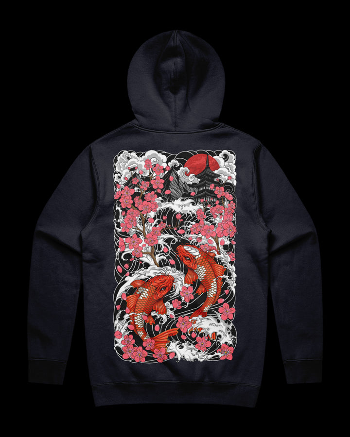 Navy hoodie with a colorful Koi fish and cherry blossom design on the back