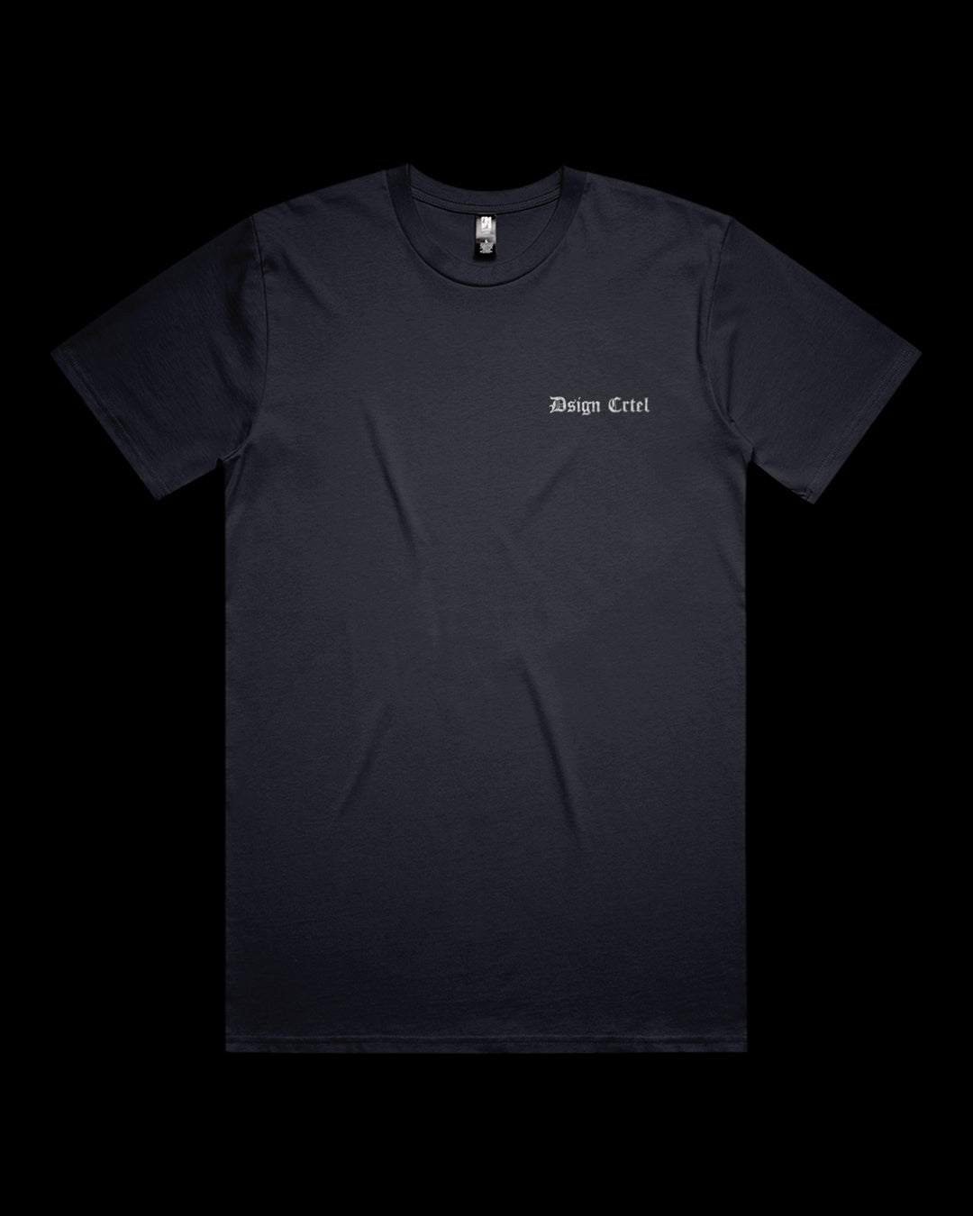 navy t-shirt with a small white logo on a black background