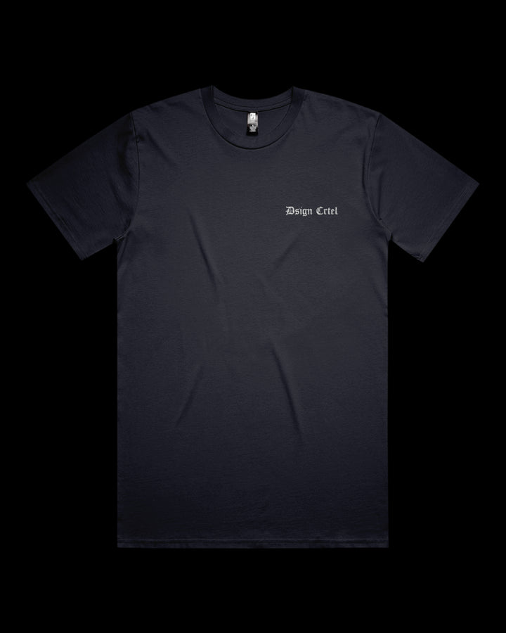 navy t-shirt with a small white logo on a black background