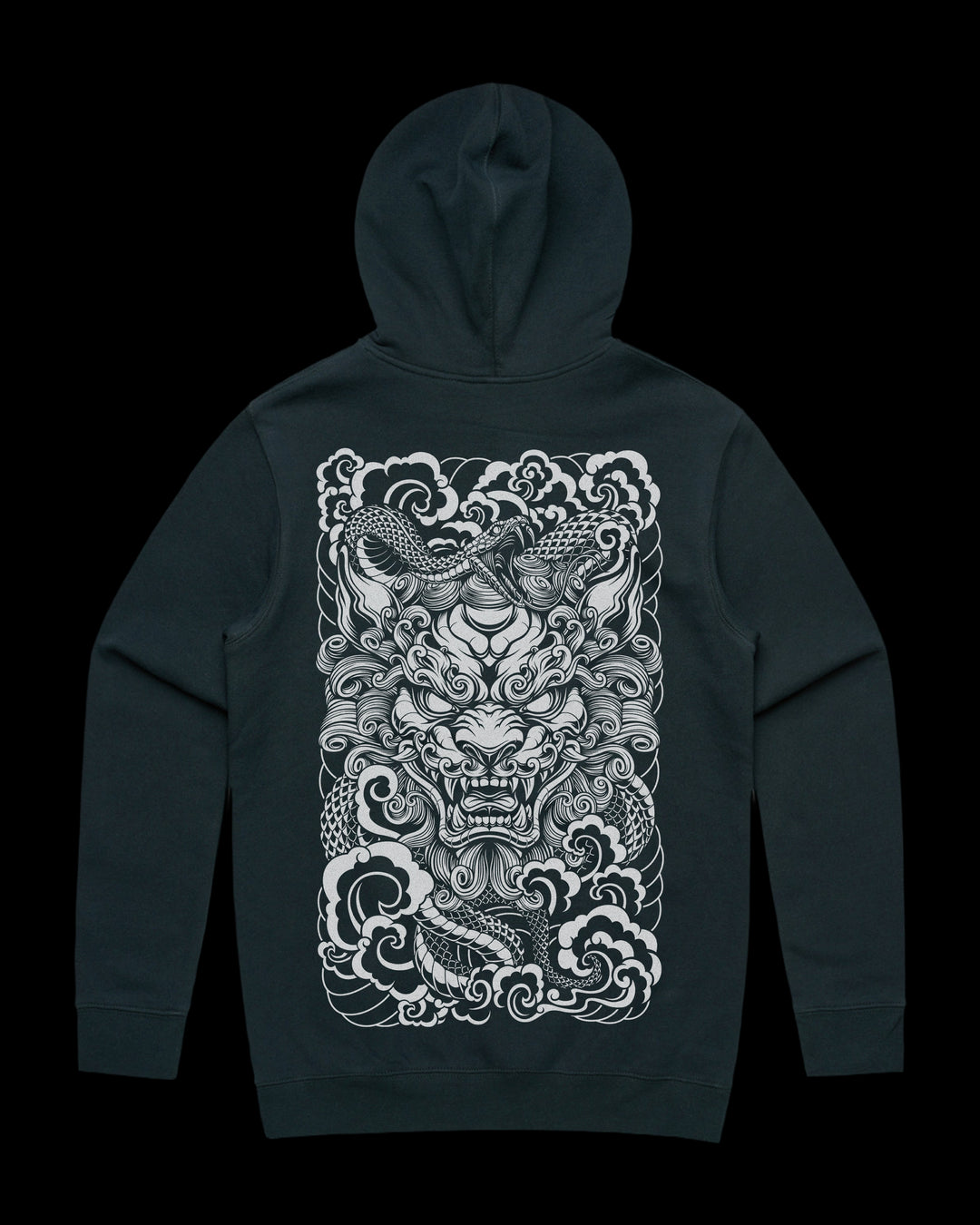 Japanese Tattoo Hoodie with large back print of Komainu head coiled by snake in Neo Japanese Irezumi style