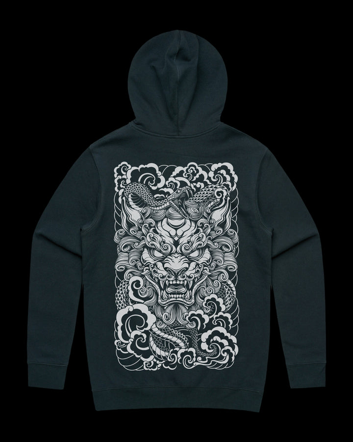 Japanese Tattoo Hoodie with large back print of Komainu head coiled by snake in Neo Japanese Irezumi style