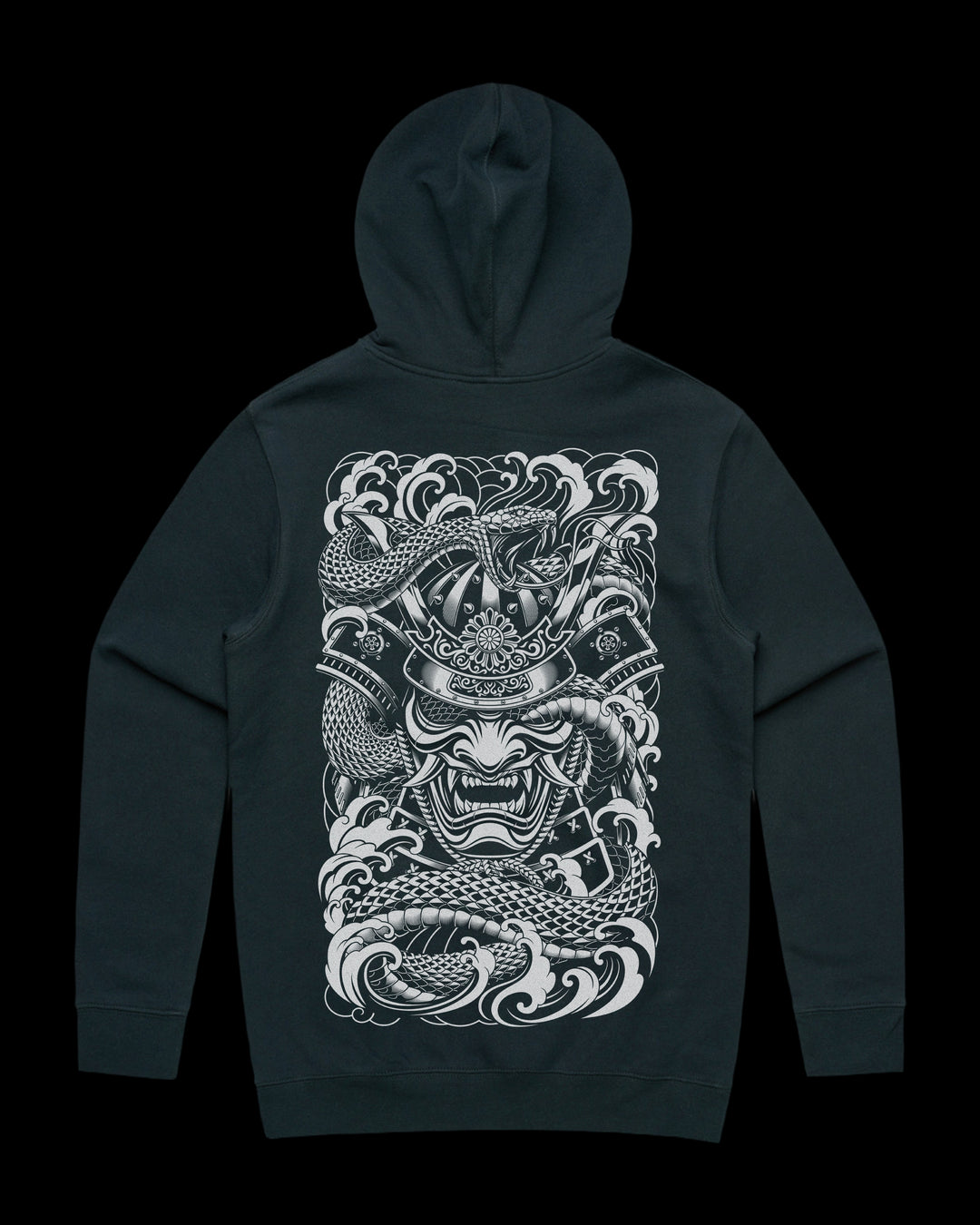 Japanese Tattoo Hoodie with large back print of samurai mask entwined by snake through eye socket in Neo Japanese Irezumi style