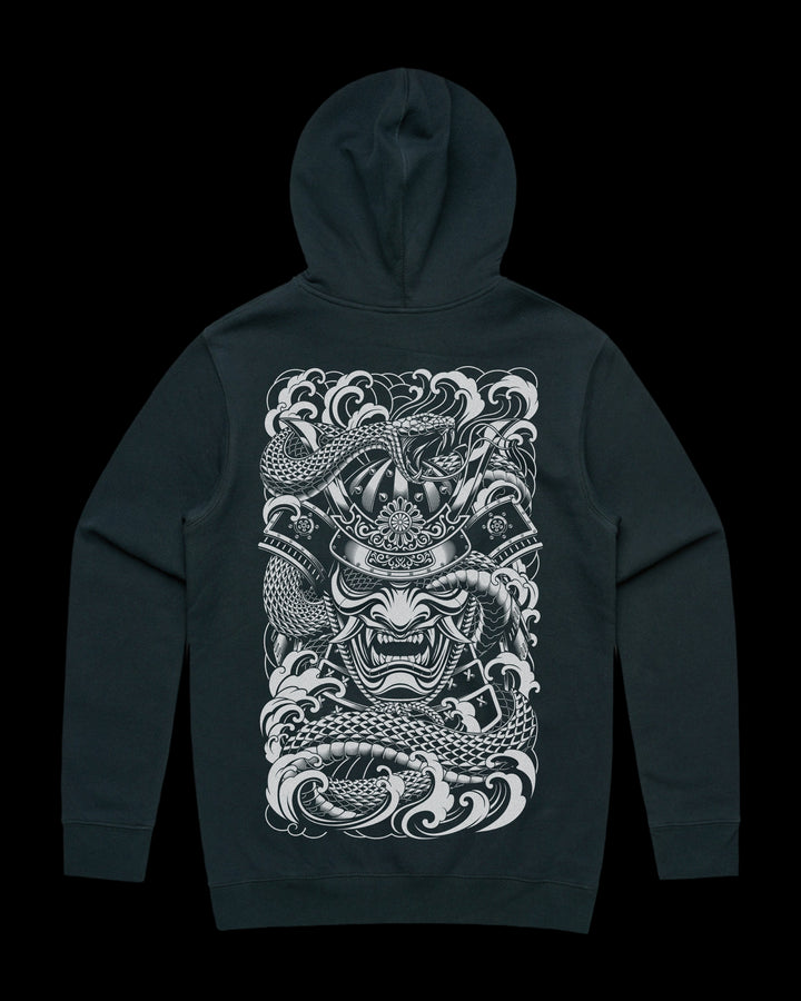 Japanese Tattoo Hoodie with large back print of samurai mask entwined by snake through eye socket in Neo Japanese Irezumi style