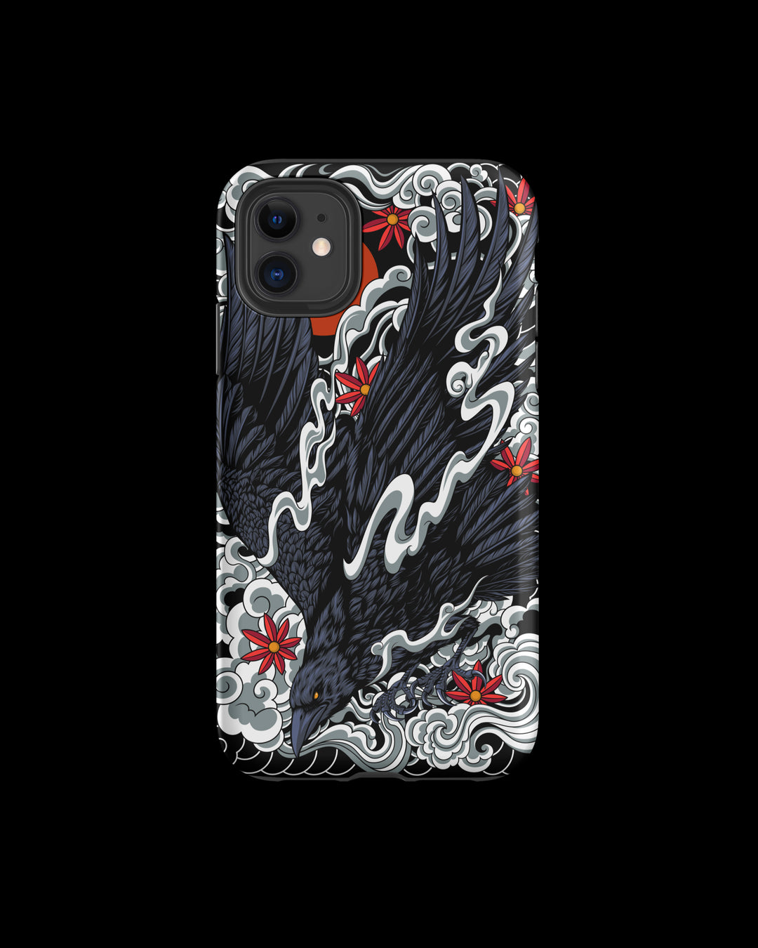 Phone case with a black raven design on a black background