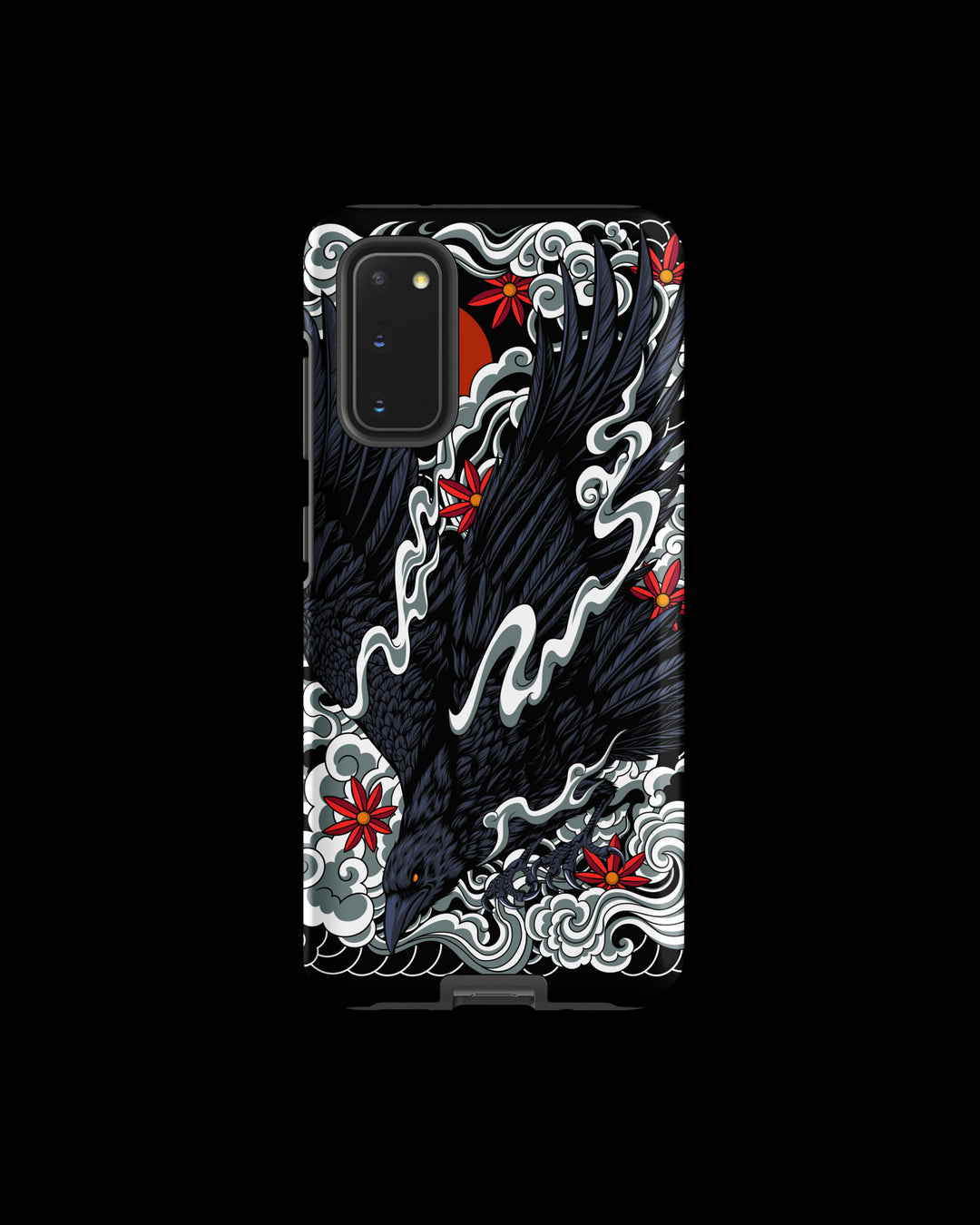 Phone case with irezumi raven design on a black background