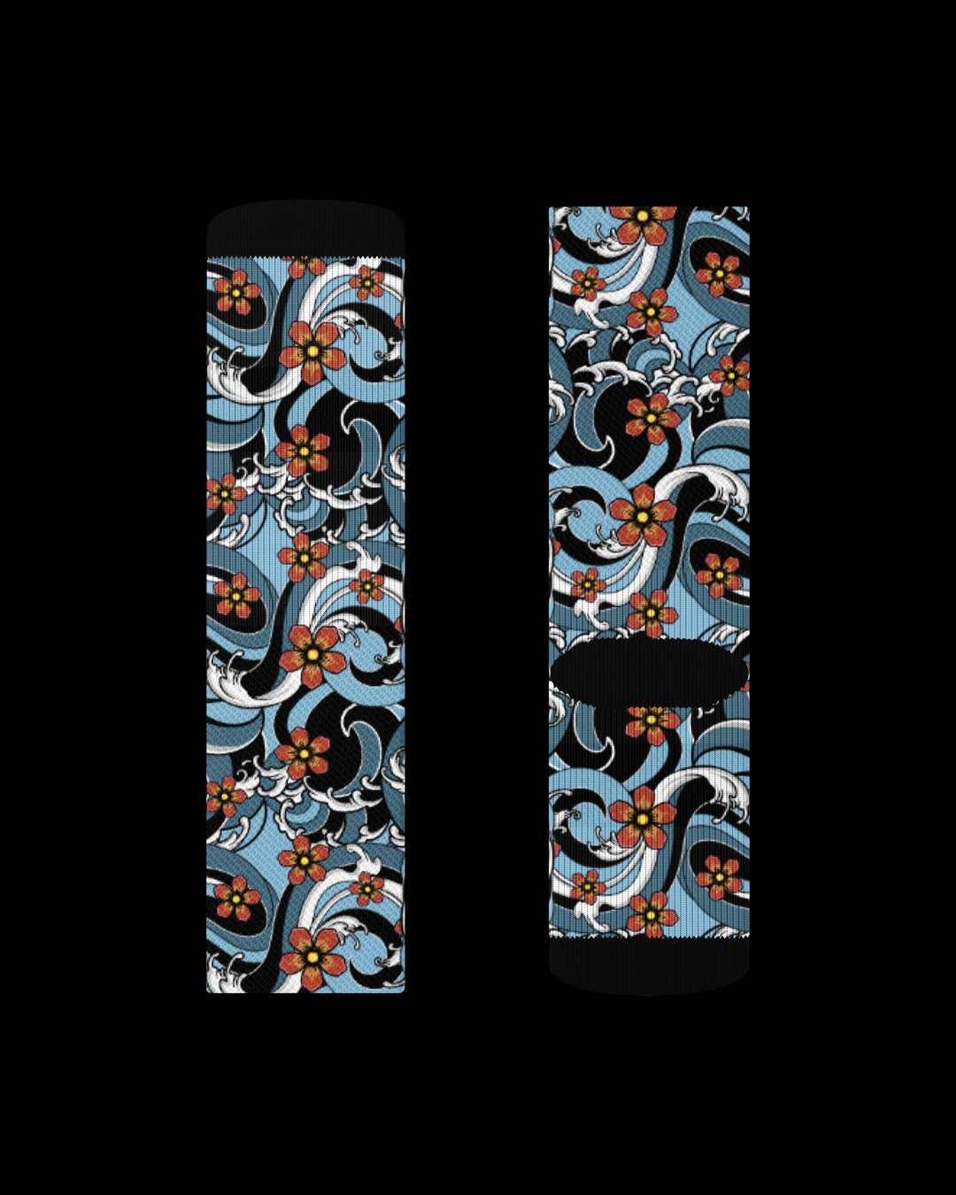Pair of socks with a floral and wave pattern on a black background
