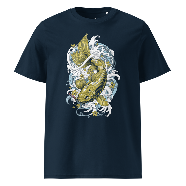 A french navy t-shirt featuring a golden ochre koi fish surrounded by flowing waves and floral accents in Irezumi-inspired tattoo art.