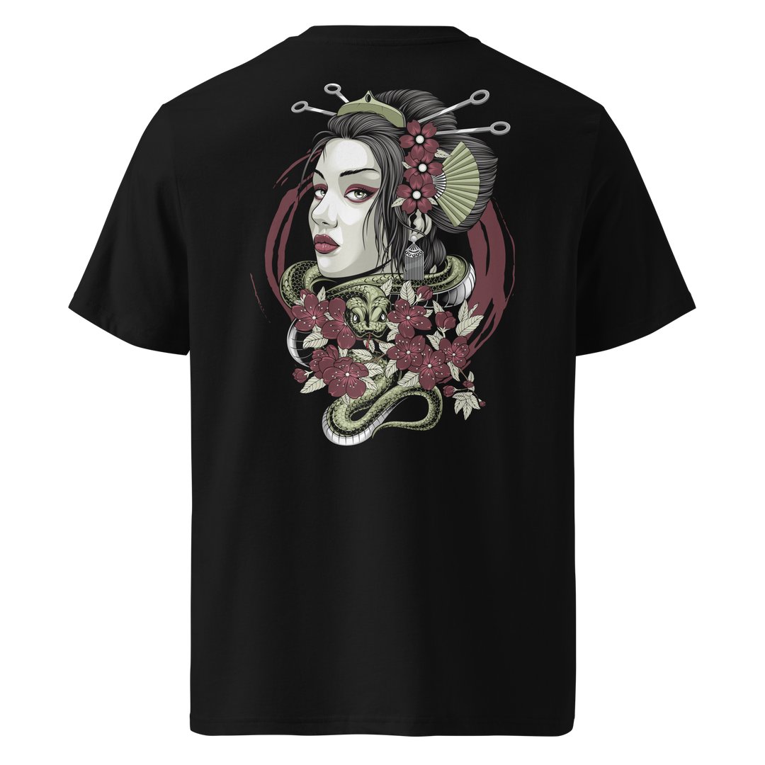 Graphic print of a geisha with red flowers, traditional hairpins, and a coiled snake, printed on the back of a black t-shirt.