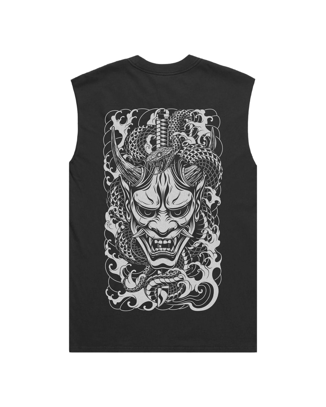 Faded black tank top with original in-house created oni mask and snake print