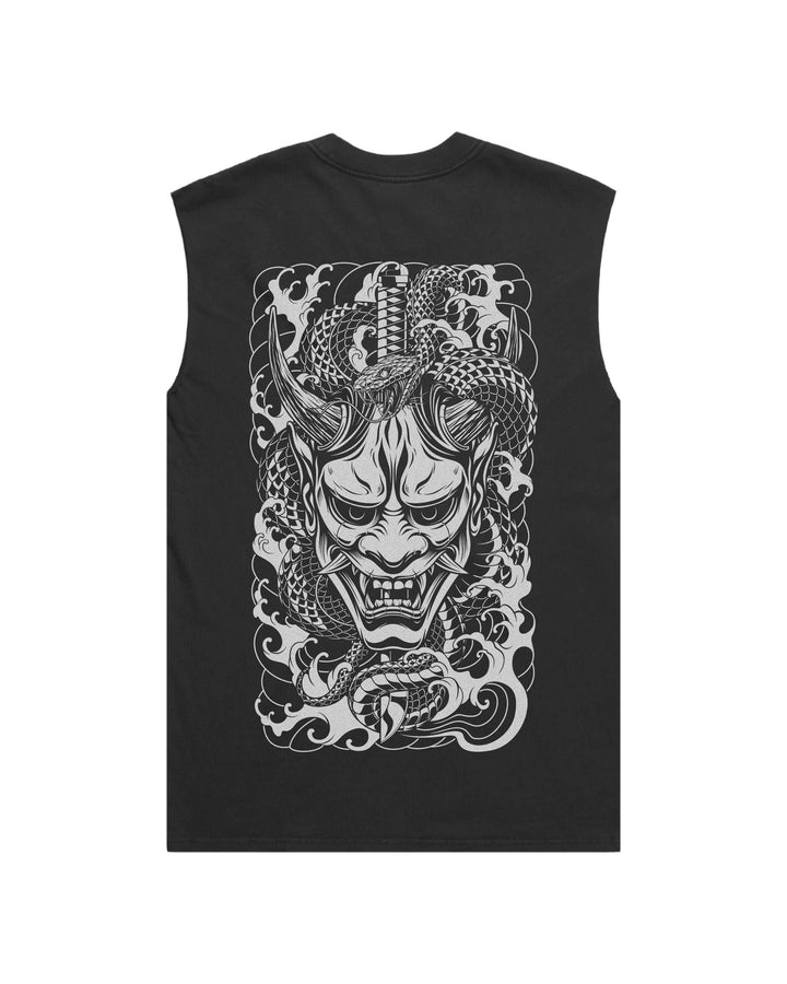 Faded black tank top with original in-house created oni mask and snake print