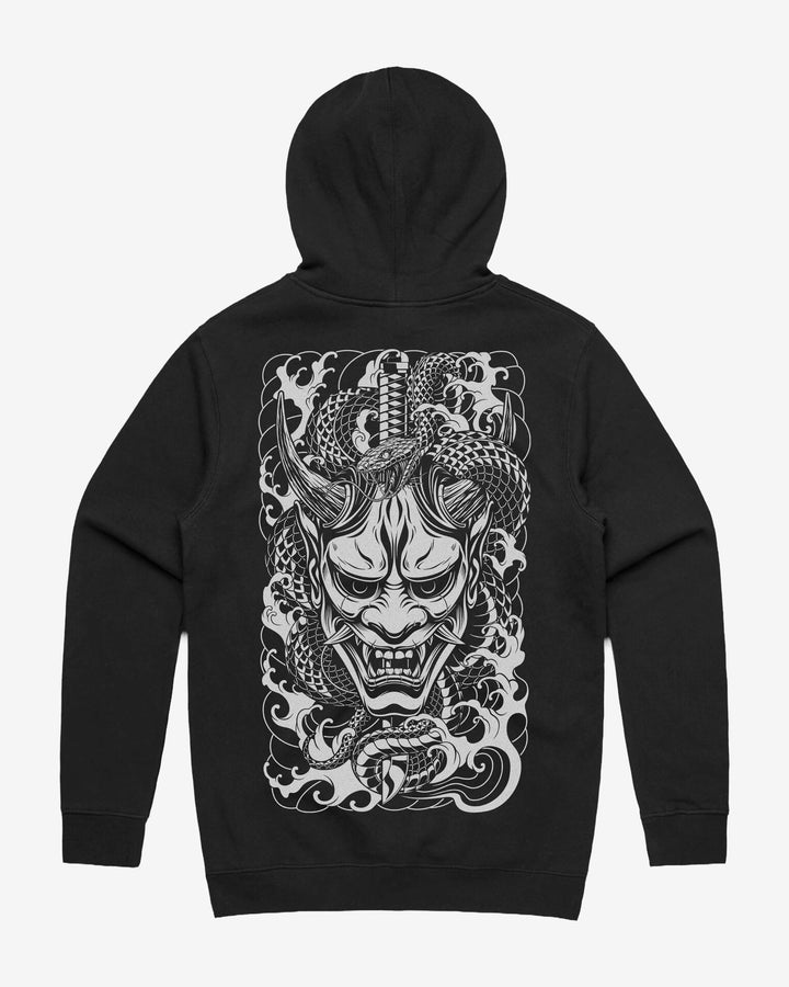 Oni Mask Graphic Hoodie With Back Print