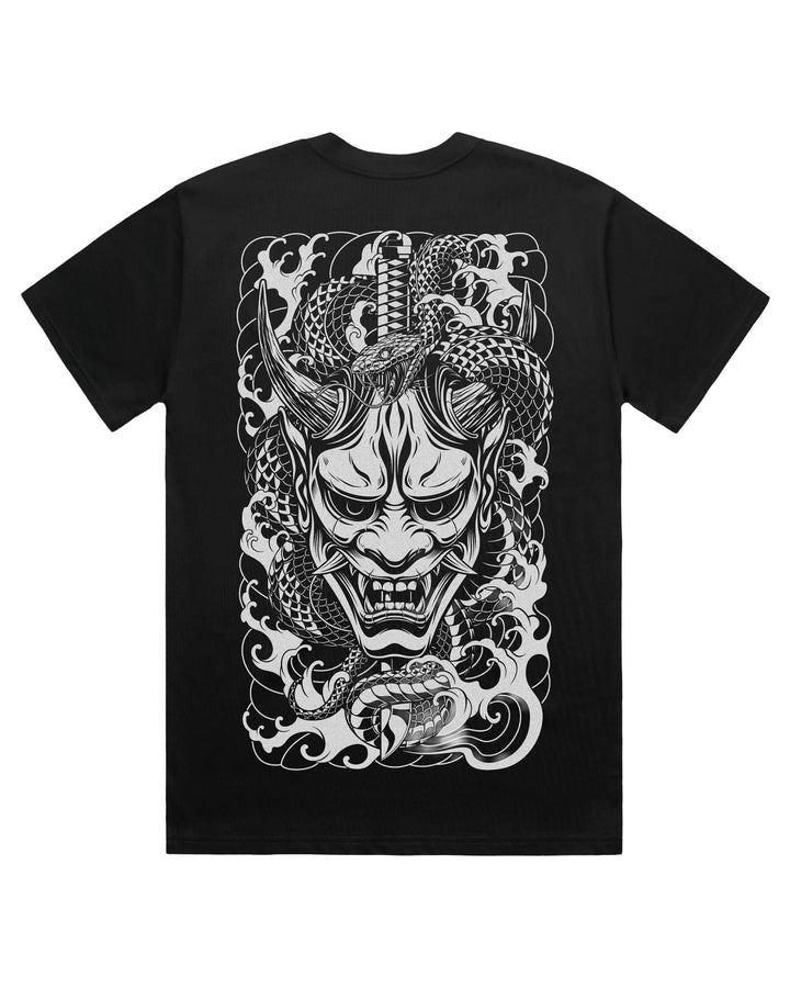 Black t-shirt with a white oni mask, snake and katana back print design.