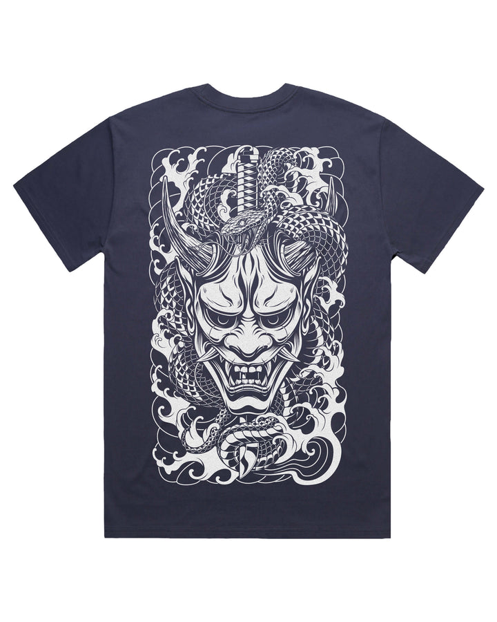 midnight blue t-shirt with a white oni mask, snake and katana back print design.