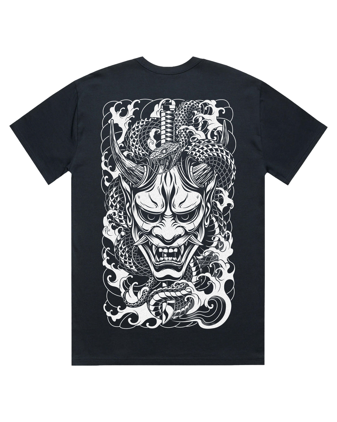 navy blue t-shirt with a white oni mask, snake and katana back print design.