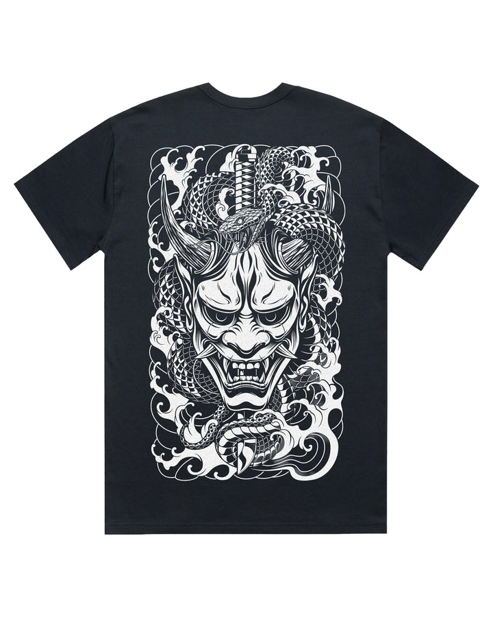 navy blue t-shirt with a white oni mask, snake and katana back print design.