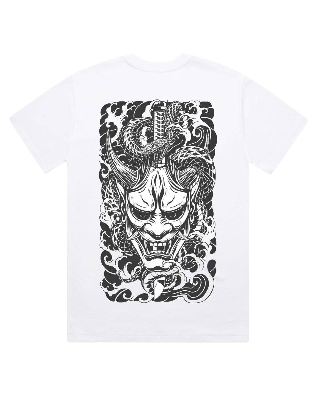 white t-shirt with a white oni mask, snake and katana back print design.