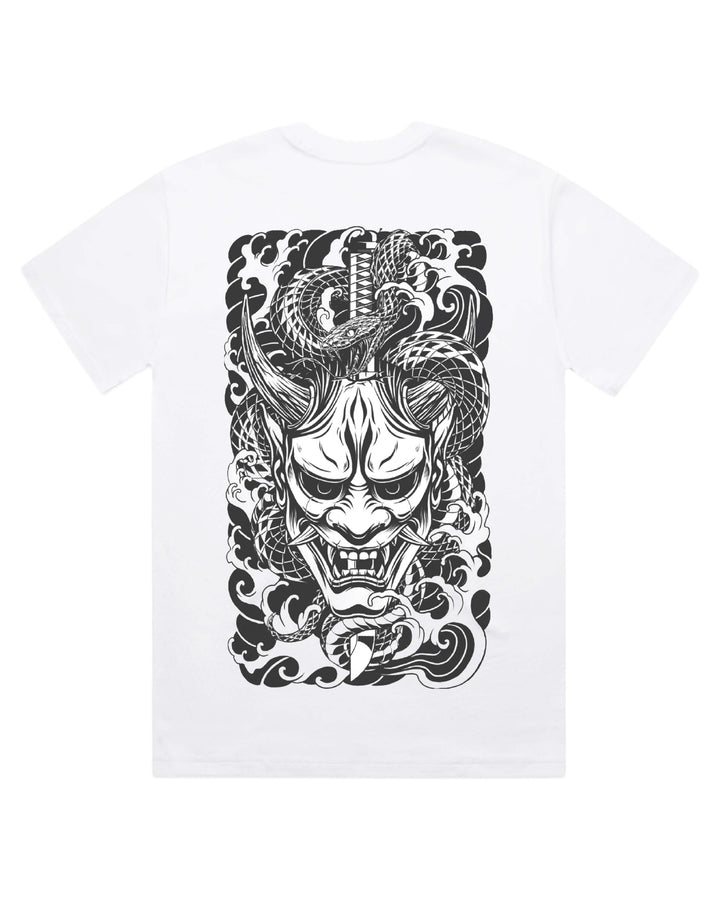 white t-shirt with a white oni mask, snake and katana back print design.