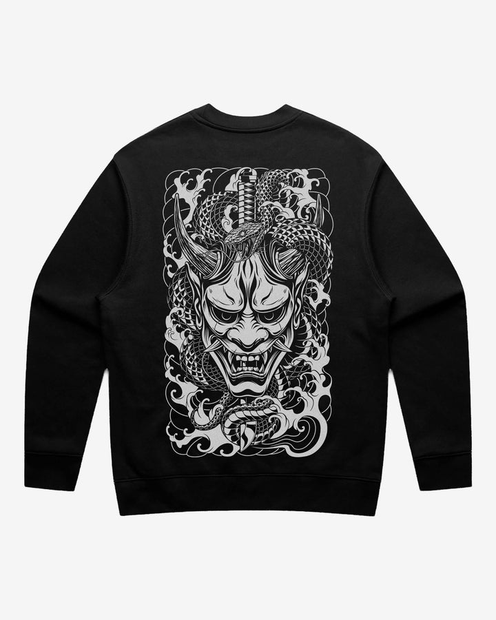 Oni Mask Relaxed Fit Graphic Sweatshirt With Large Tattoo Inspired Back Print