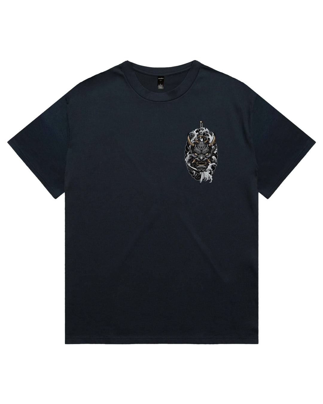 Oversized navy t-shirt with irezumi inspired pierced oni mask graphic print