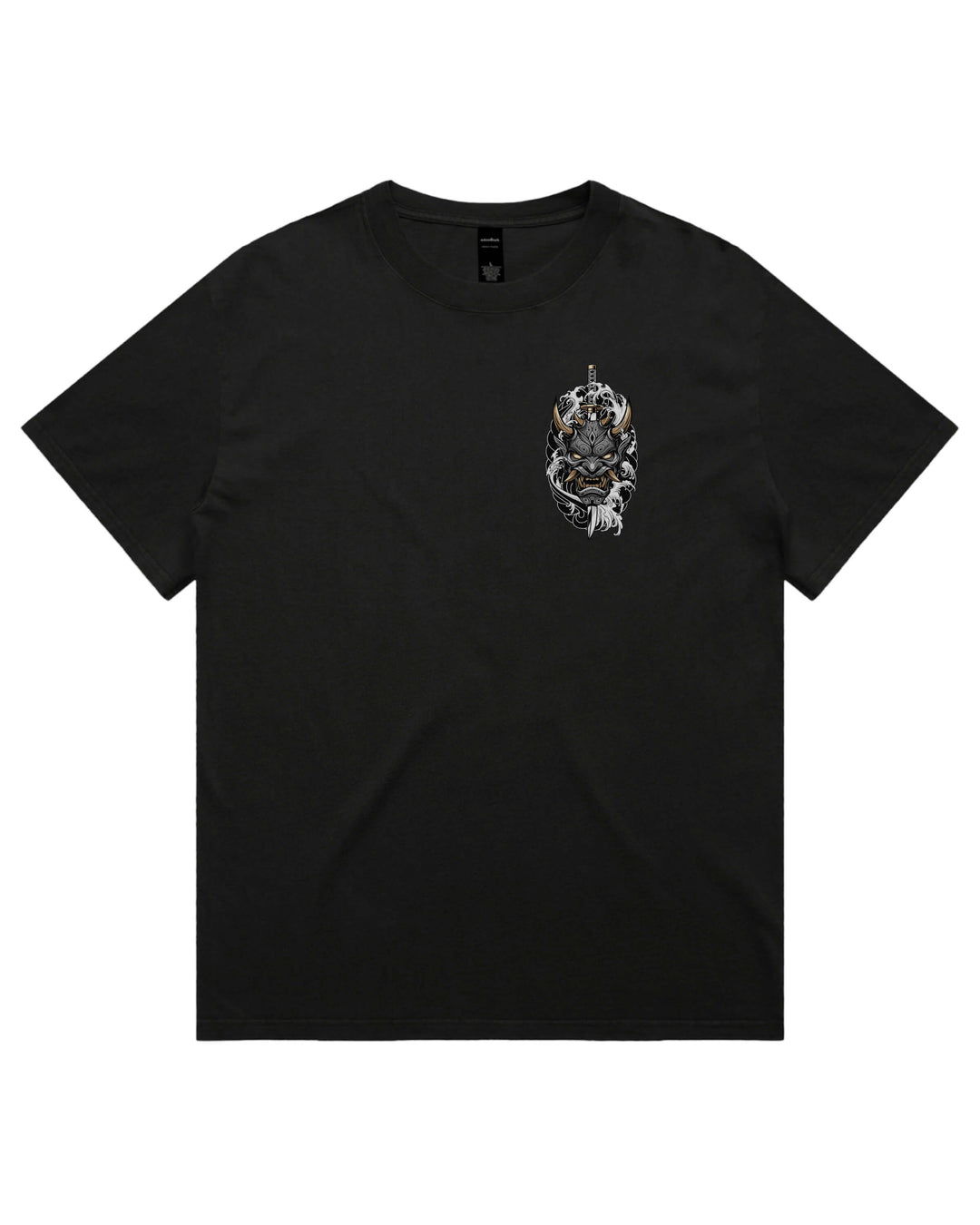 Oversized black t-shirt with irezumi inspired pierced oni mask graphic print