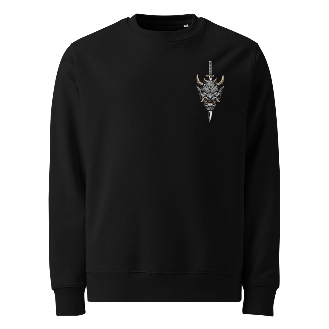 Black Oni Slayer Graphic Sweatshirt featuring an Oni mask with a sword, inspired by Japanese Irezumi tattoo art