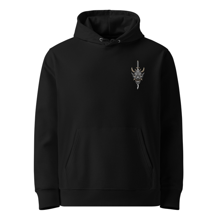 Oni Slayer Mask Graphic Hoodie in Black with a minimalist left chest print of an oni mask.