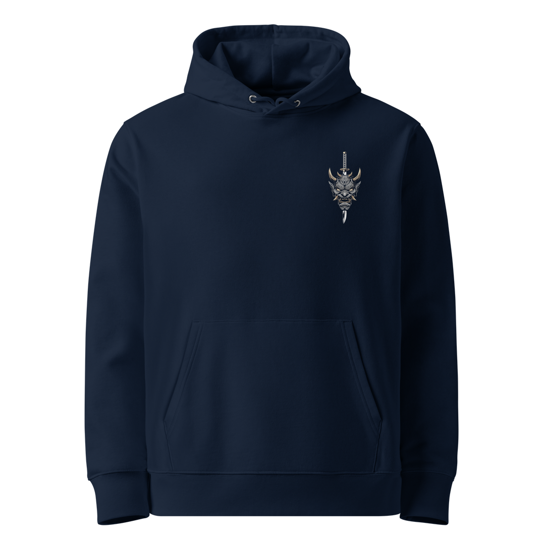 Oni Slayer Mask Graphic Hoodie in French Navy with a minimalist left chest print of an oni mask.