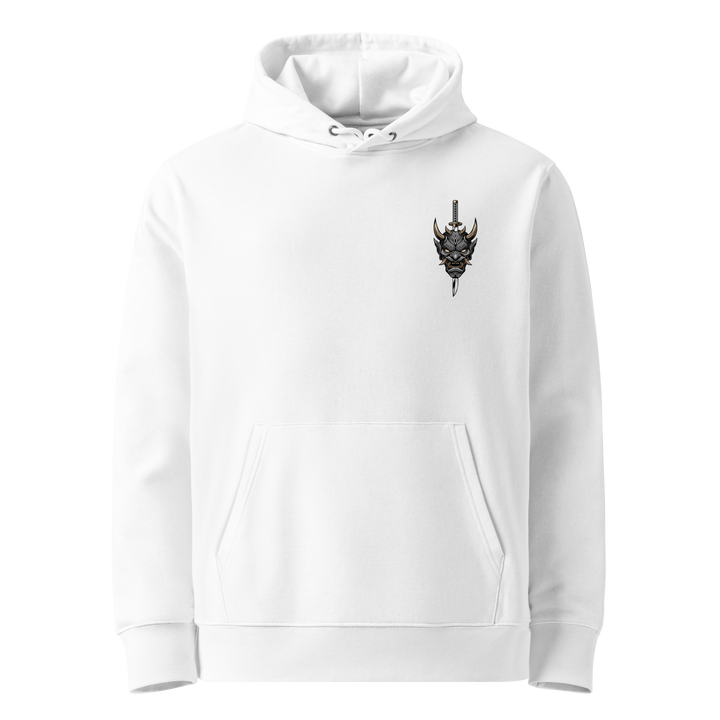 Oni Slayer Mask Graphic Hoodie in White with a minimalist left chest print of an oni mask.