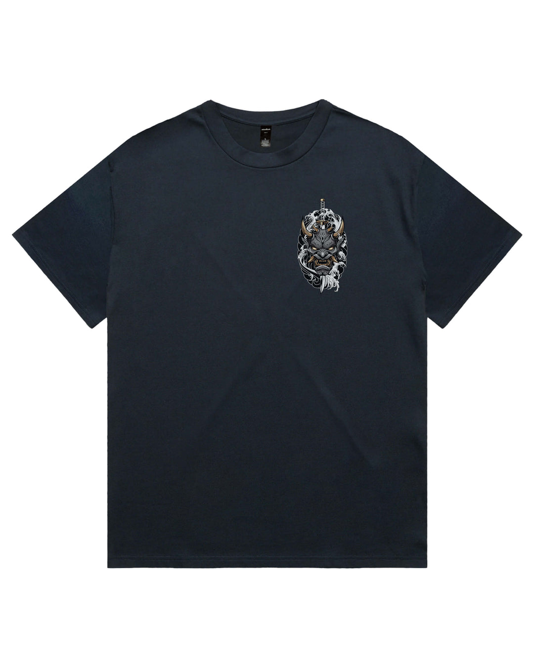 Oversized navy t-shirt with irezumi inspired pierced oni mask graphic print