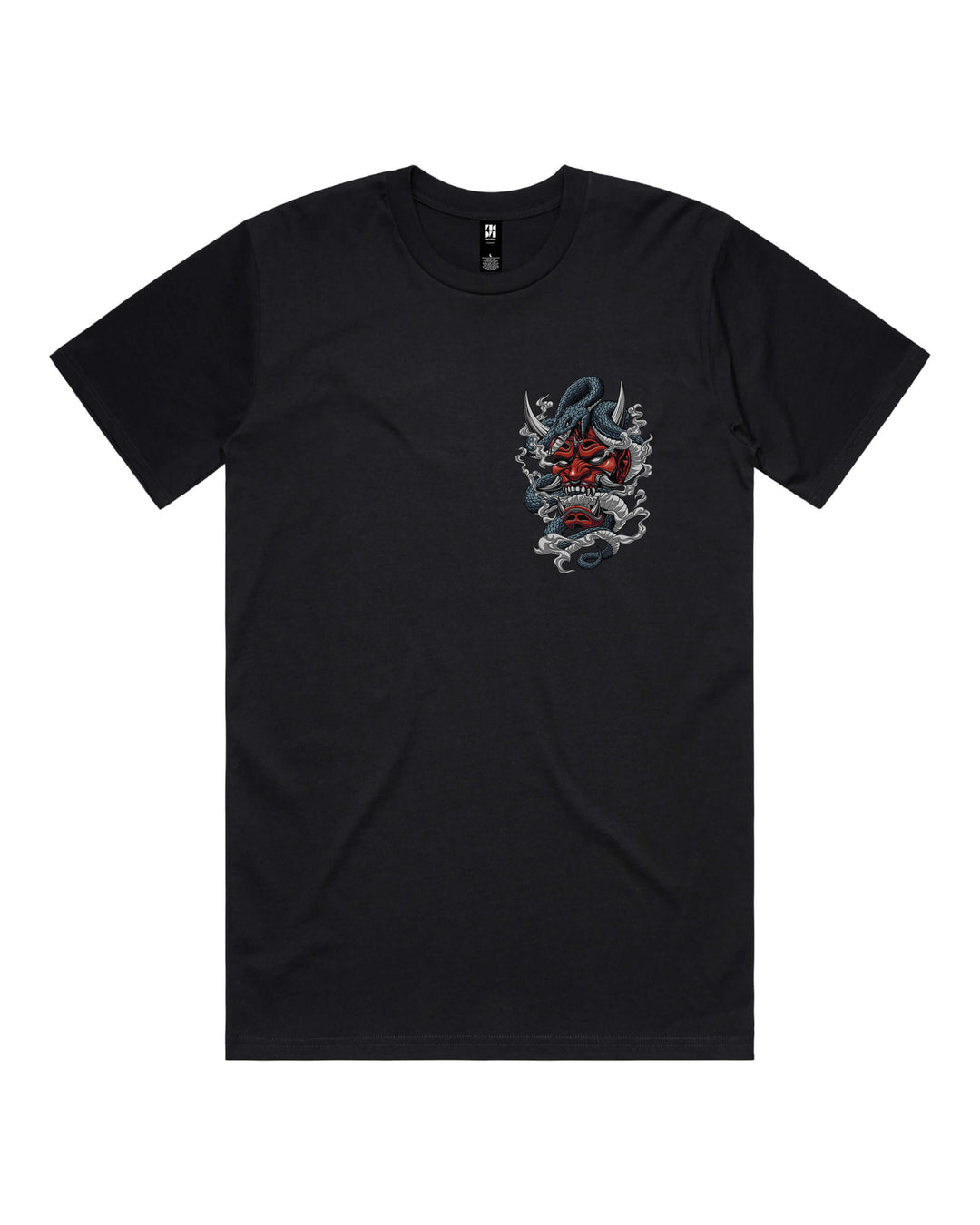 Black graphic t-shirt with oni mask, smoke and snake left chest print