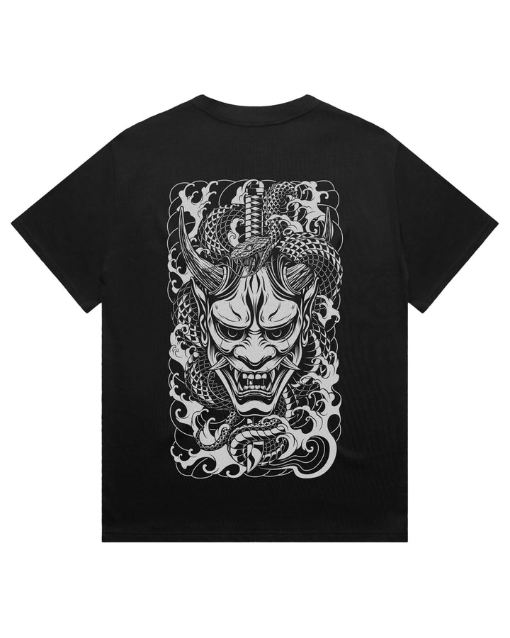 Oversized black t-shirt with snake coiling around a oni demon mask graphic print
