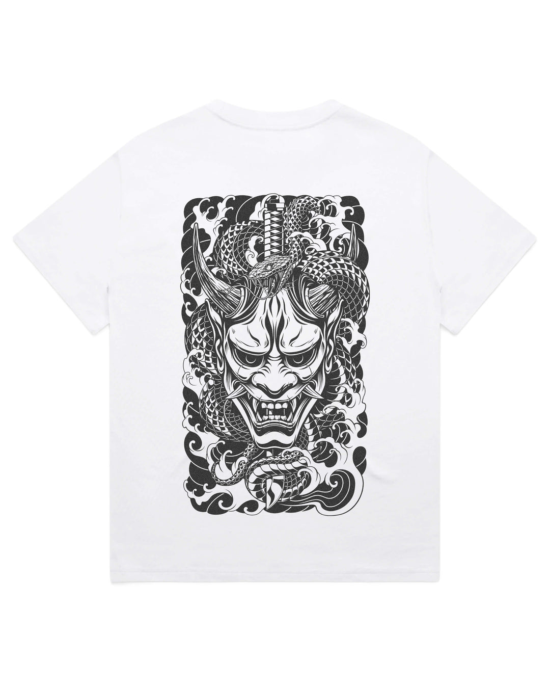 Oversized white t-shirt with serpent coiling around a oni demon mask graphic print