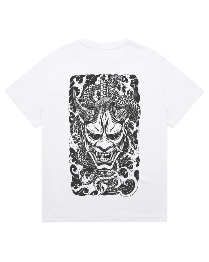 Oversized white t-shirt with serpent coiling around a oni demon mask graphic print
