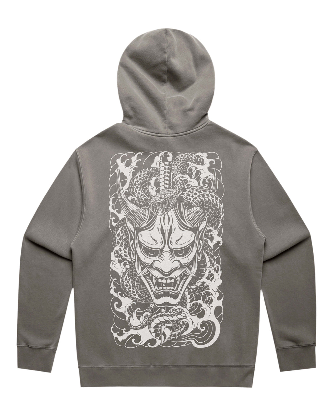 A faded gray pullover hoodie shown from the back, featuring a large white graphic print of a Japanese katana, oni mask and snake.
