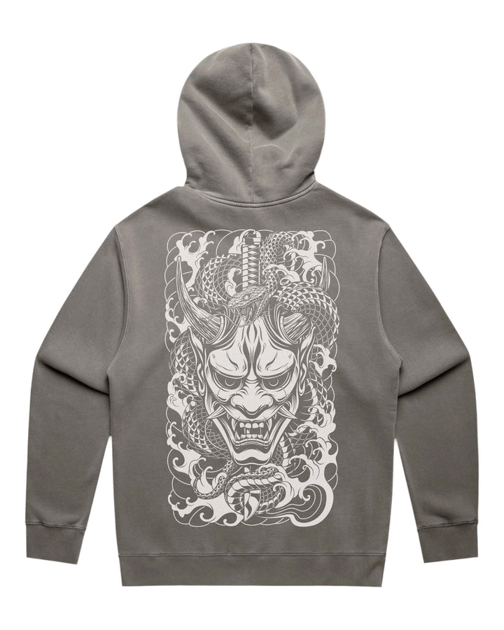 A faded gray pullover hoodie shown from the back, featuring a large white graphic print of a Japanese katana, oni mask and snake.