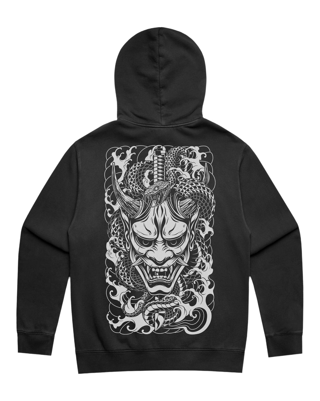 A faded black pullover hoodie shown from the back, featuring a large white graphic print of a Japanese-style demon face with a snake coiled behind it.