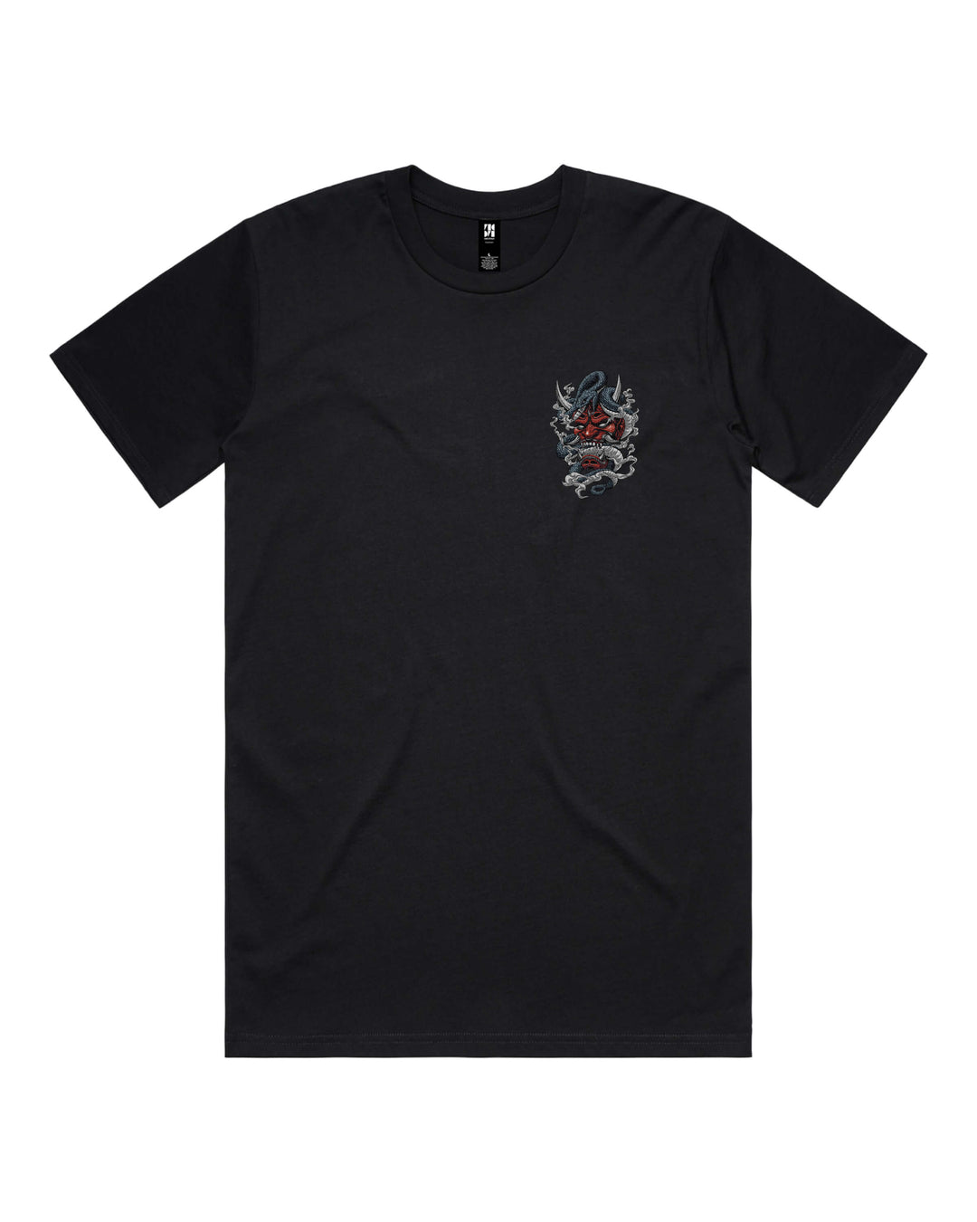oni mask left chest print on black-tshirt