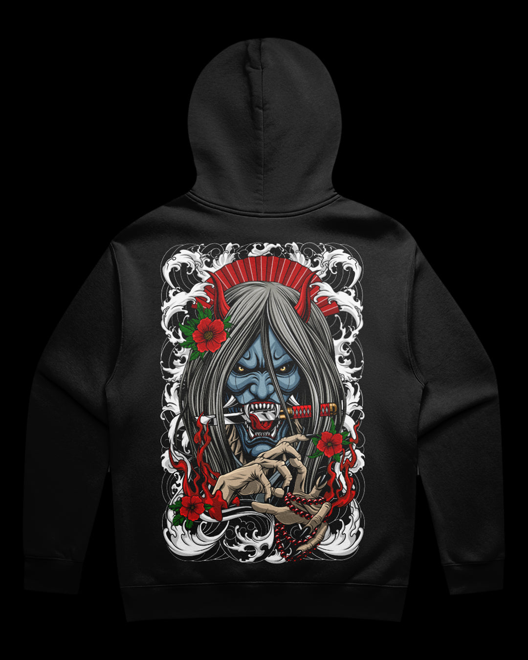 Oni No Hana Tattoo-Inspired Relaxed Hoodie with Hannya mask, katana, and Irezumi clouding