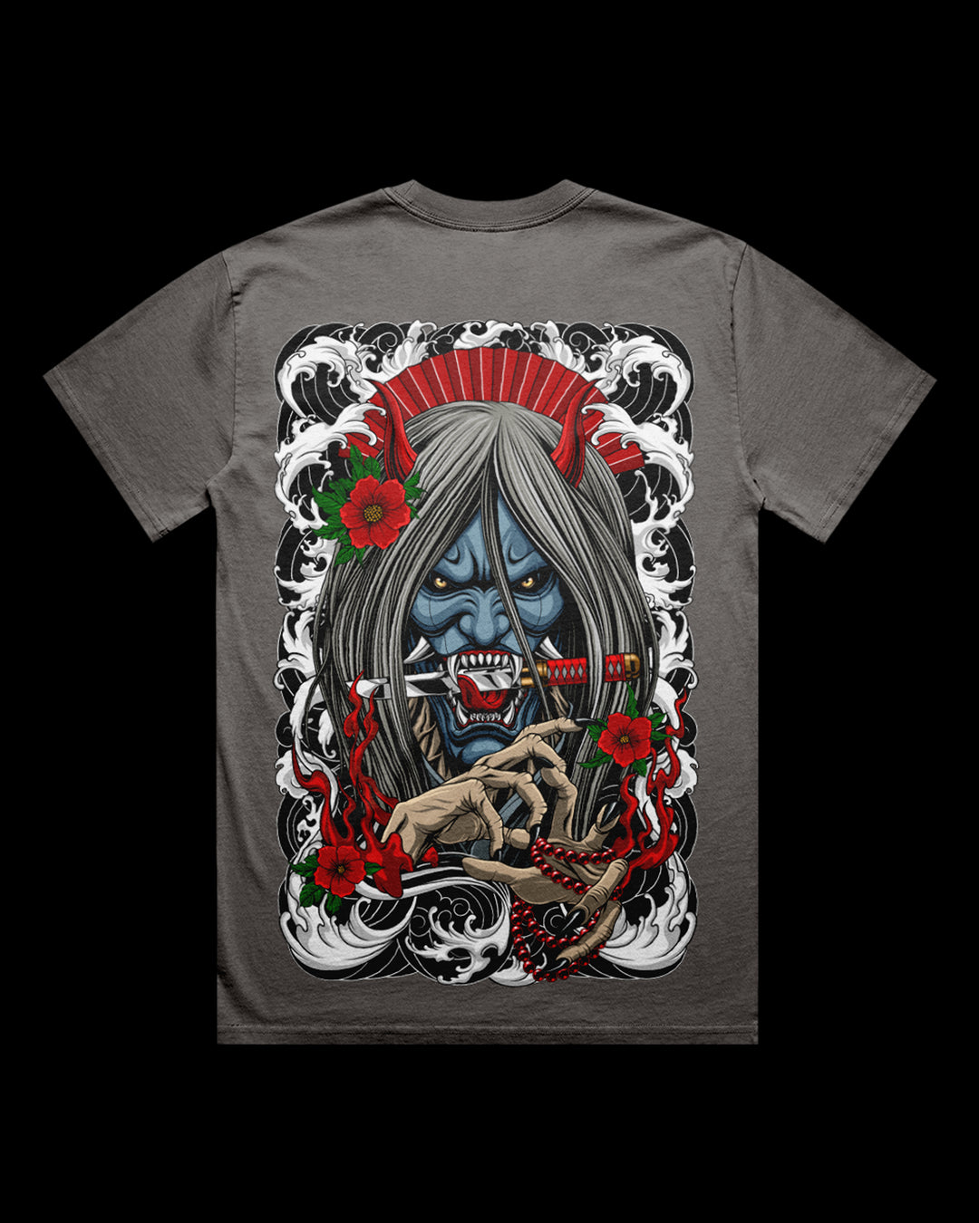 Gray t-shirt with a graphic design of a blue-skinned character with gray hair, red flowers, and white accents on a black background.