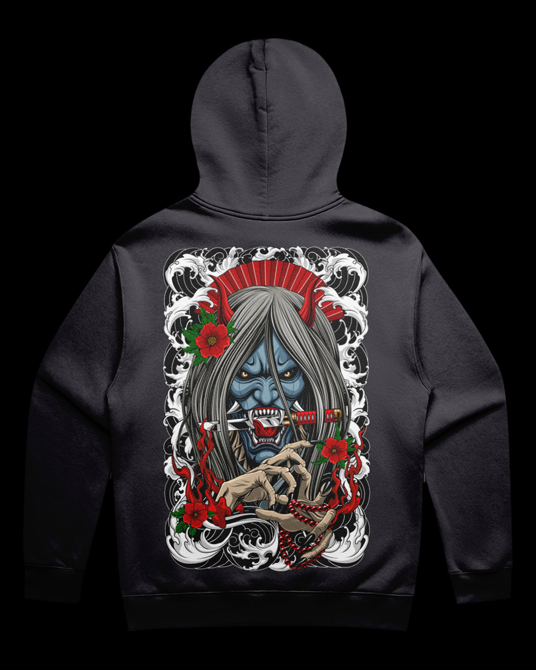 Oni No Hana Tattoo-Inspired Relaxed Hoodie with Hannya mask and katana surrounded by Irezumi clouds