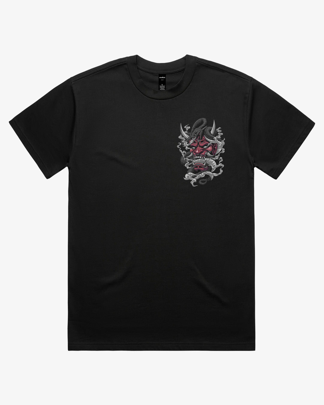 Black 280GSM Oversized Japanese Graphic Tee With Oni Mask And Coiled Snake Left Chest Print