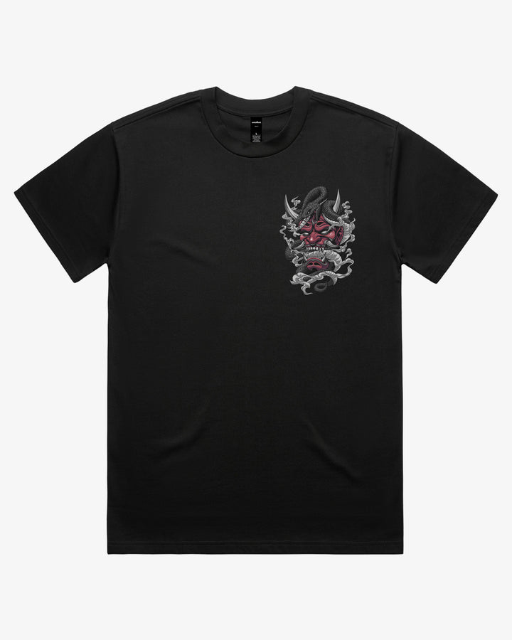Black 280GSM Oversized Japanese Graphic Tee With Oni Mask And Coiled Snake Left Chest Print