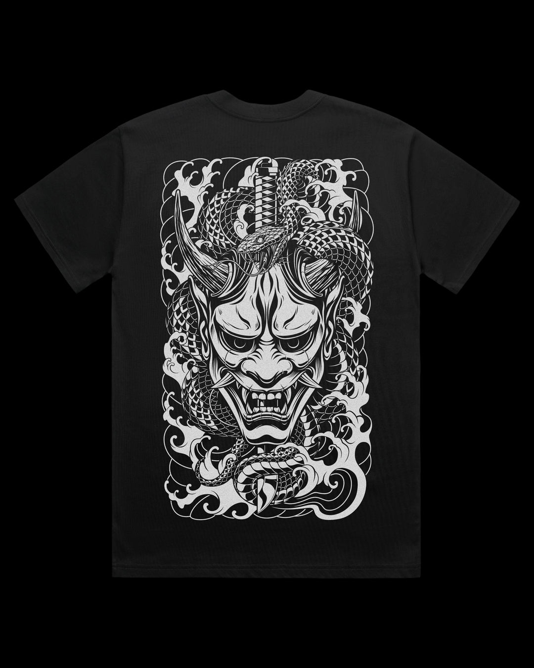 Oversized t-shirt with Oni mask, snake and katana Japanese tattoo back print