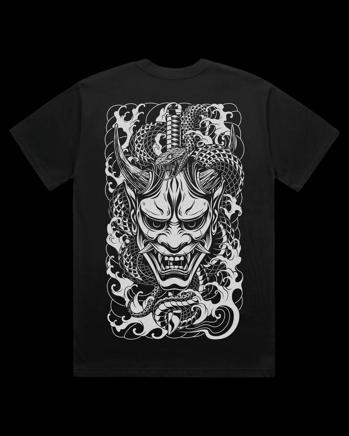 Oversized t-shirt with Oni mask, snake and katana Japanese tattoo back print