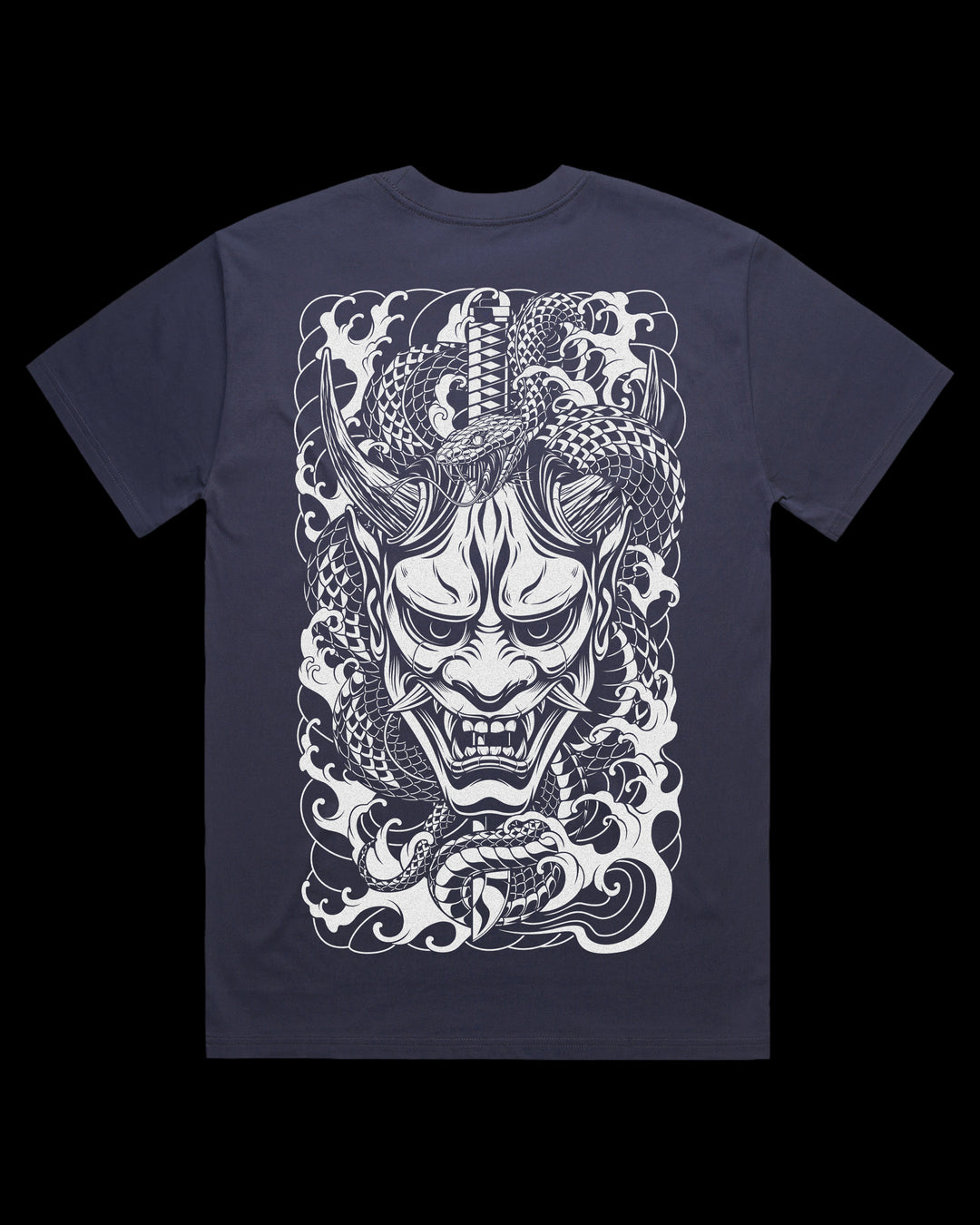 Oversized t-shirt with Oni mask, snake and katana Japanese tattoo back print