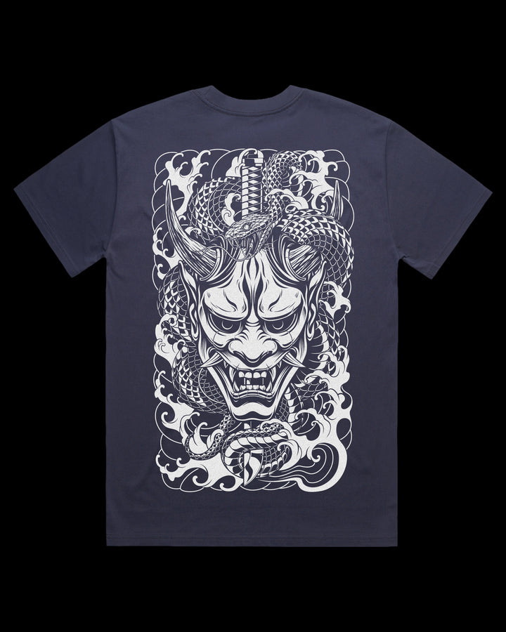 Oversized t-shirt with Oni mask, snake and katana Japanese tattoo back print