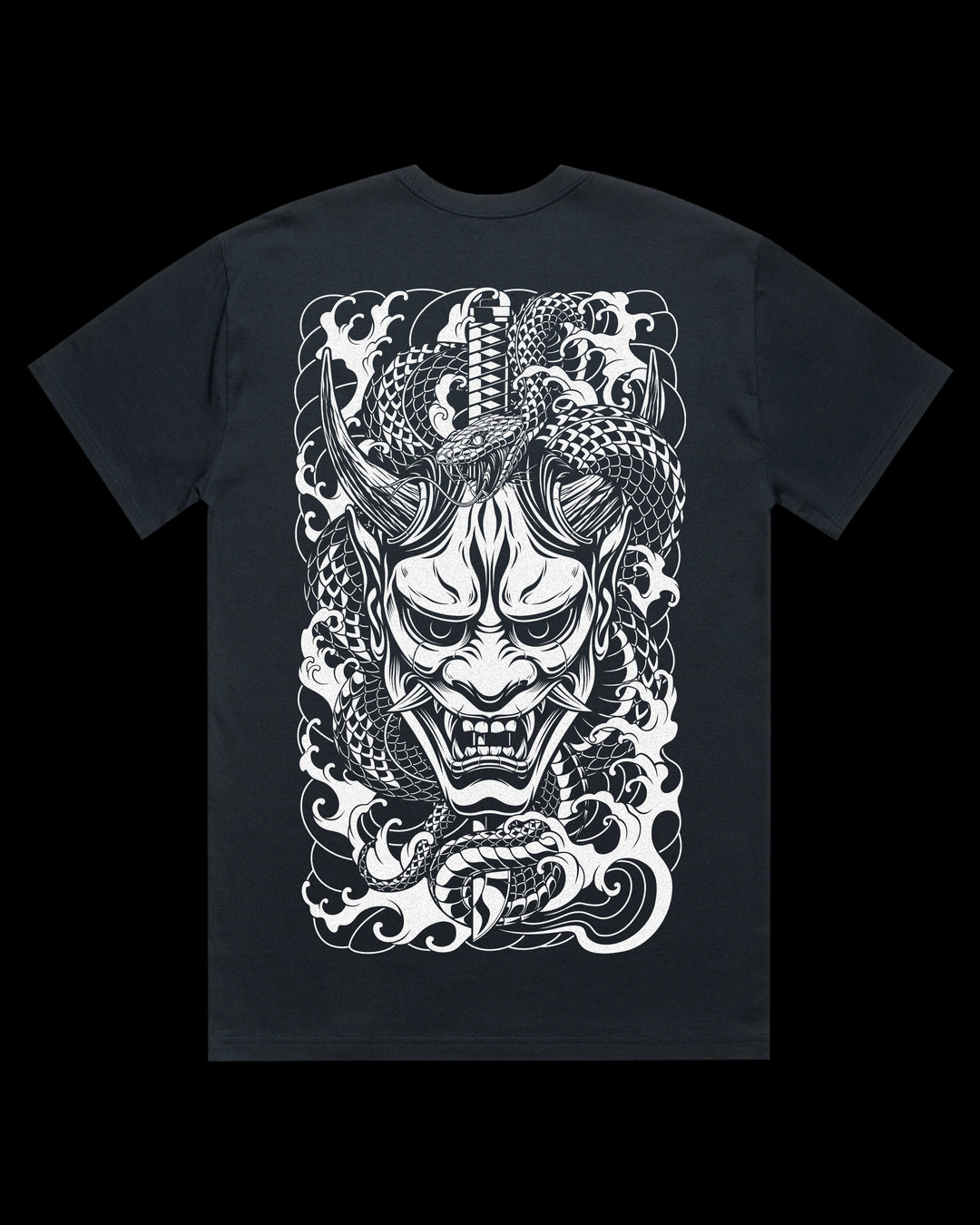 Oversized t-shirt with Oni mask, snake and katana Japanese tattoo back print