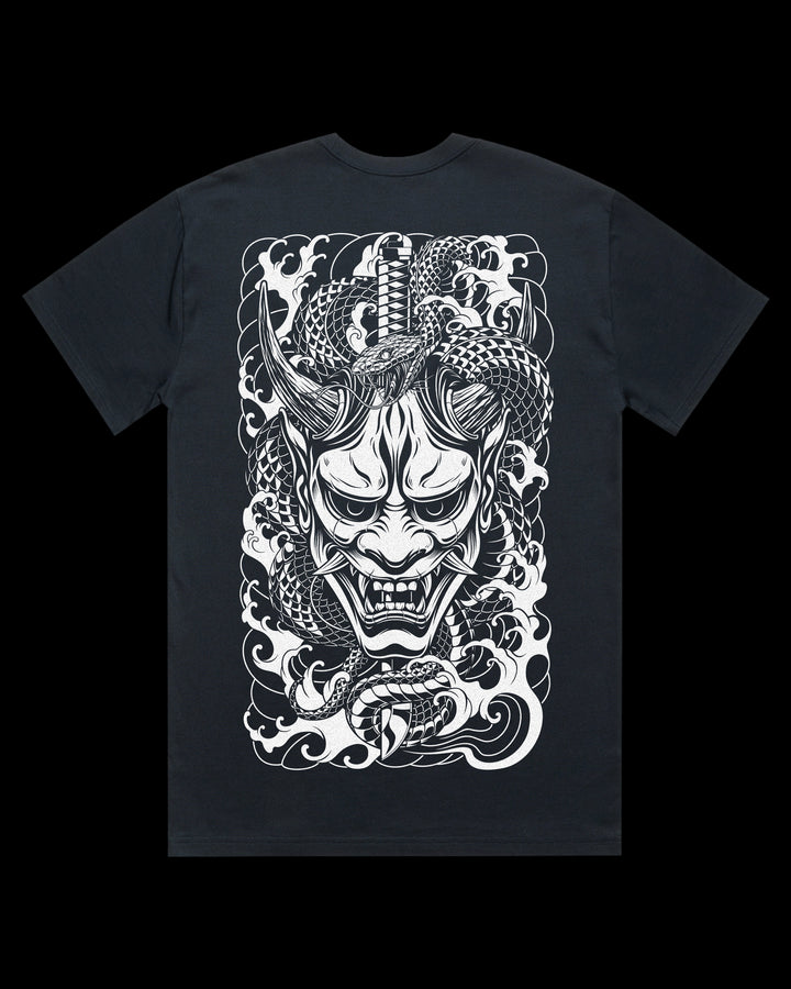 Oversized t-shirt with Oni mask, snake and katana Japanese tattoo back print